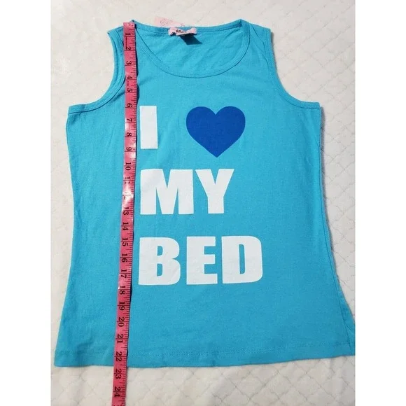 Blush Novelty Tank Top Women's Medium Teal Blue I Heart‎ My Bed Graphic Print - Picture 8 of 8